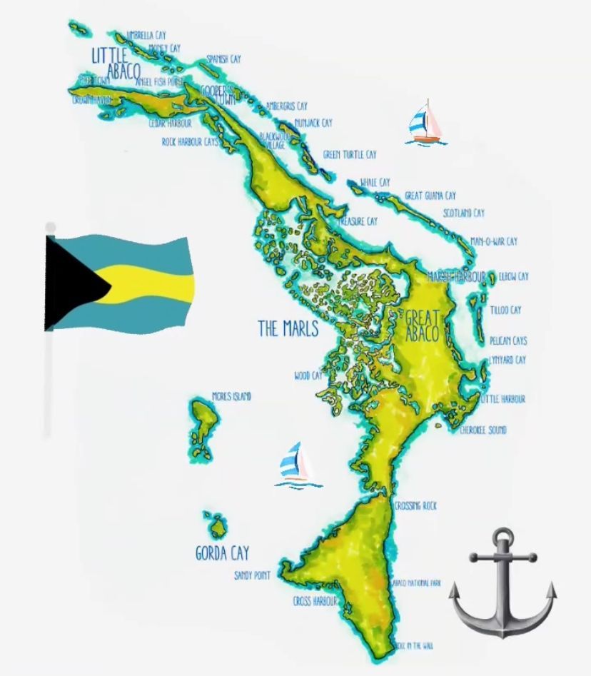 Map of the Abaco Islands in the Bahamas, with the Bahamian flag and a boat and anchor icon.