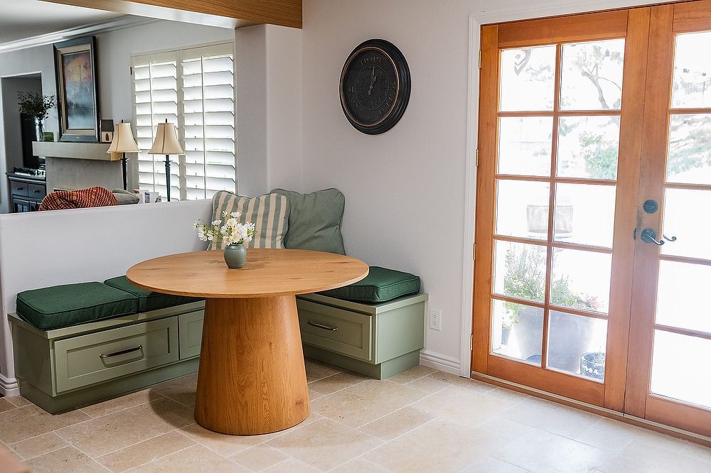 Full kitchen remodel in San Diego by Team Renovate . sage brush cabinets  and breakfast nook