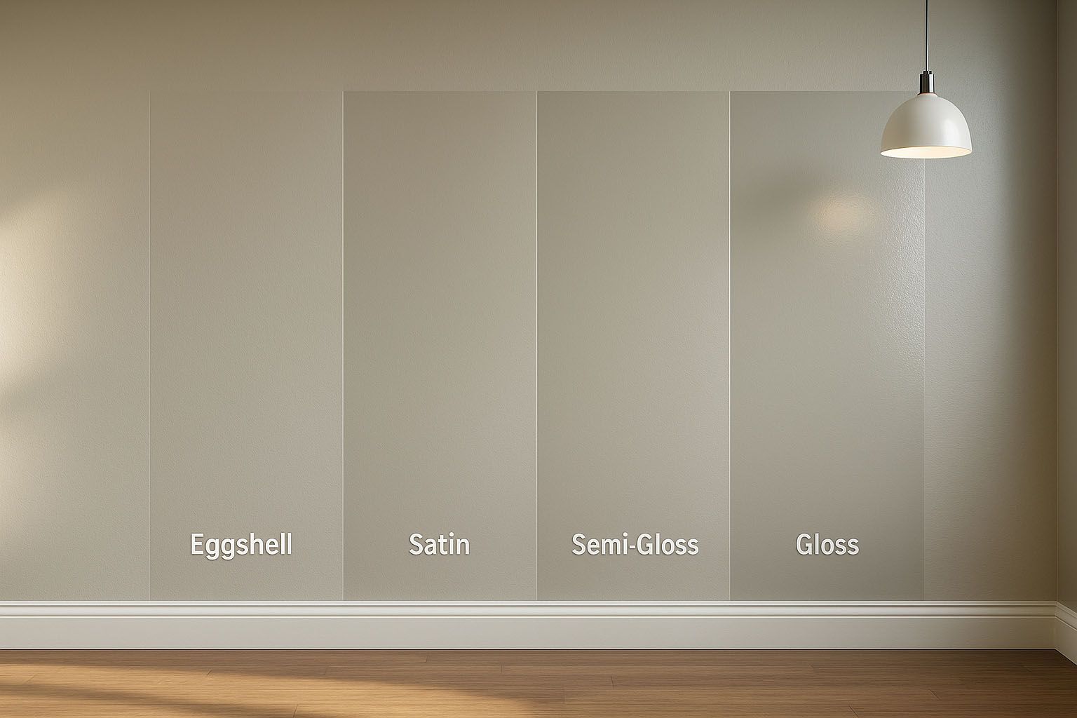 An empty room with four different types of paint sheen on the wall.