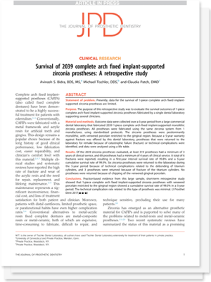 A page of a paper titled survival of 2009 complete arch fixed implant-supported zirconia prosthetics a retrospective study