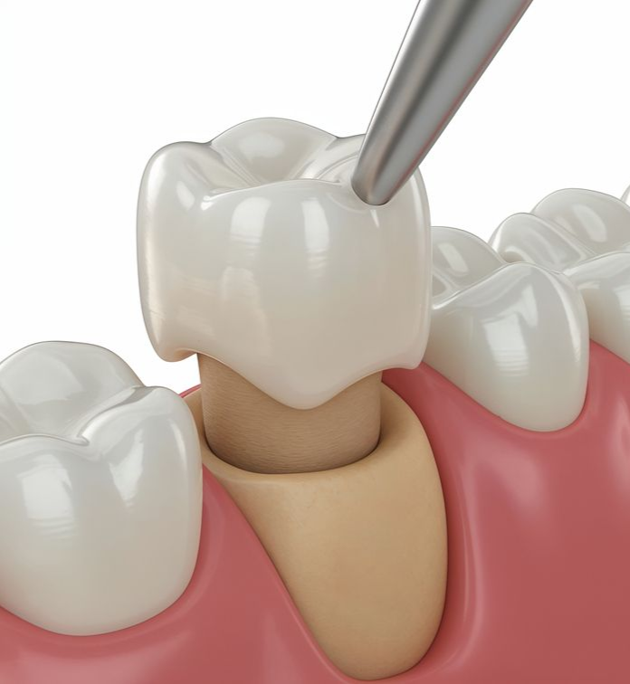 A close up of a tooth with a crown on it.
