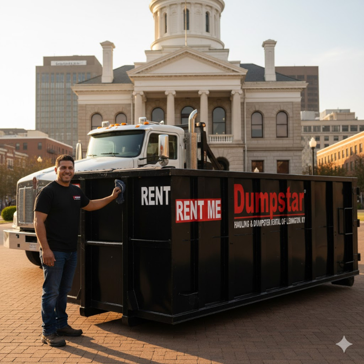 Friendly photo of a Dumpstar Hauling team member or truck in front of a recognizable Lexington landmark