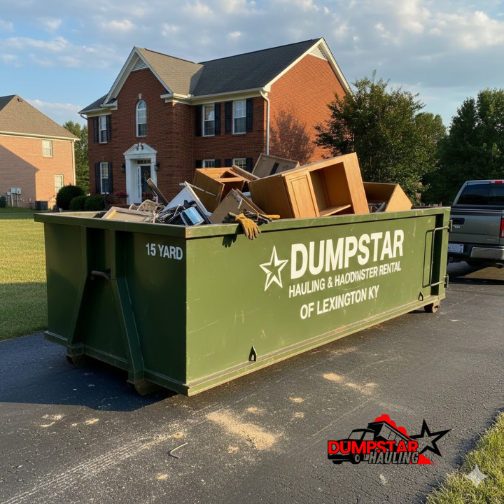 A 15-yard dumpster on a residential driveway, ready for a kitchen remodel