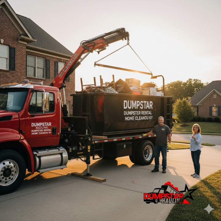 A Dumpstar truck picking up a 15-yard dumpster from a Lexington driveway, emphasizing care