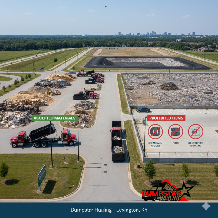 A wide shot of Lexington’s local dump or landfill with labeled areas for accepted vs. prohibited ite