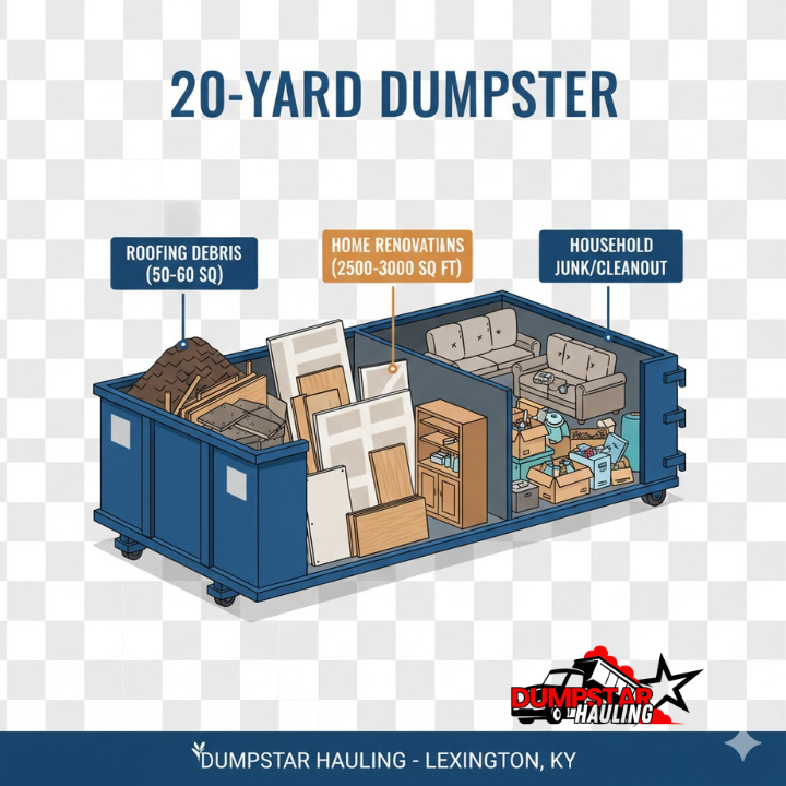An illustrated debris breakdown showing what fits in a 20-yard dumpster (roofing, renovation materials, household junk)