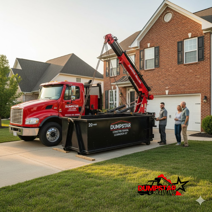 Capture a Dumpstar Hauling truck delivering a dumpster in a Lexington driveway, reinforcing local credibility.