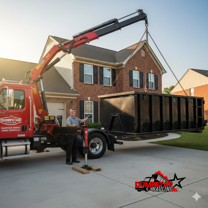 Photo of a Dumpstar Hauling truck delivering a dumpster to a Lexington driveway