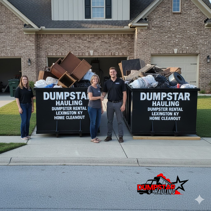 Side-by-side 15-yard vs. 20-yard dumpsters with household junk for visual comparison
