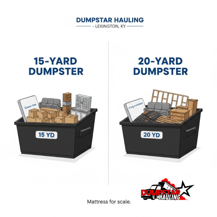 Side-by-side comparison of 15-yard vs. 20-yard dumpsters with mattresses and debris