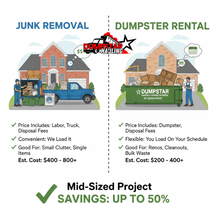 Side-by-side illustration comparing junk removal costs vs. dumpster rental for a mid-sized project