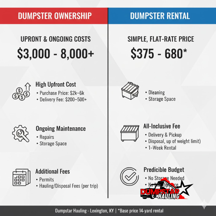 Side-by-side illustration comparing upfront and ongoing costs of dumpster ownership versus rental