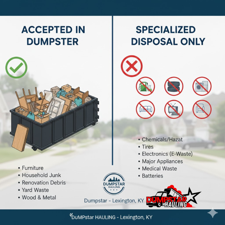 Sorting Hazardous vs. Safe Materials: Split image or infographic illustrating items accepted in standard dumpsters versus items requiring specialized disposal