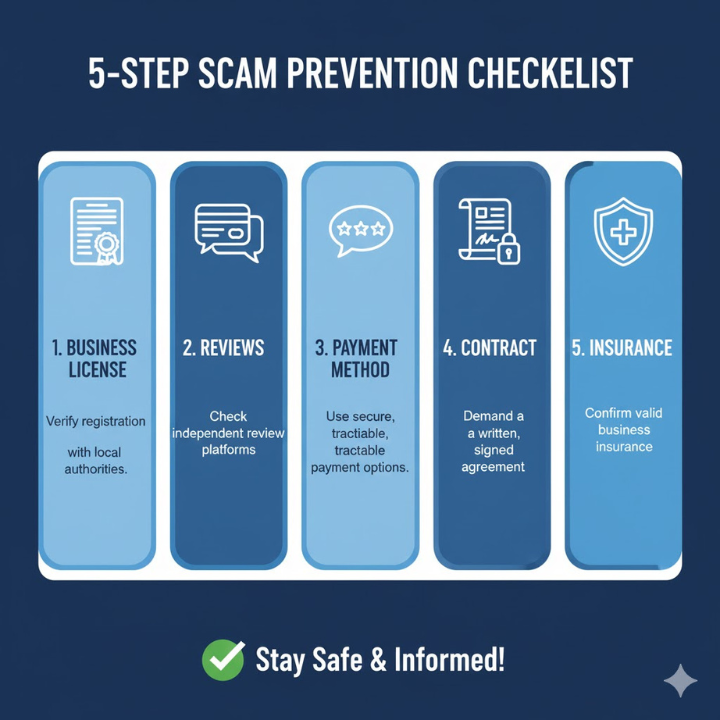“5-Step Scam Prevention Checklist” — visually outlining the verification process (Business License → Reviews → Payment Method → Contract → Insurance).