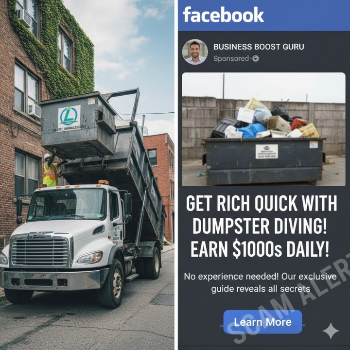 A split-screen visual showing a professional Lexington dumpster truck on one side and a fake FB Ad