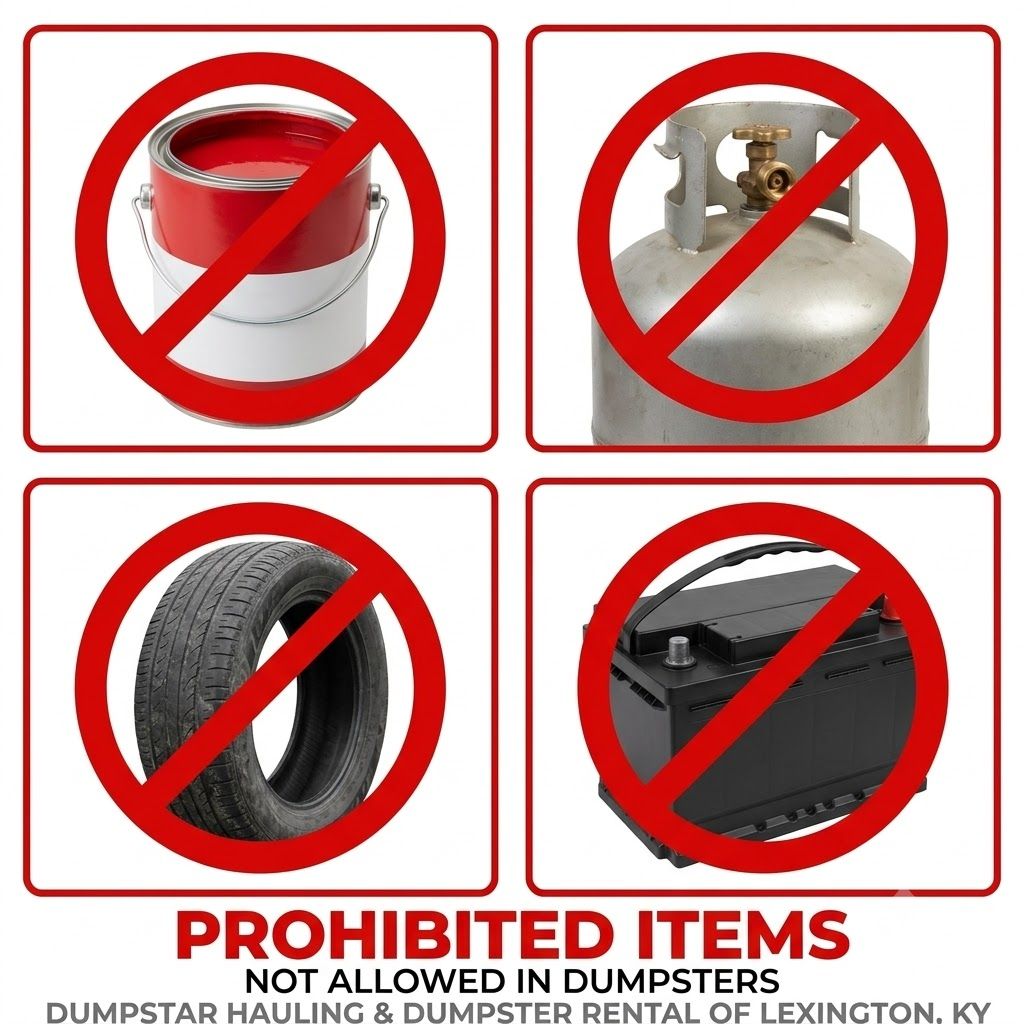 Icons showing hazardous materials banned from roll-off dumpster rentals in Lexington, KY