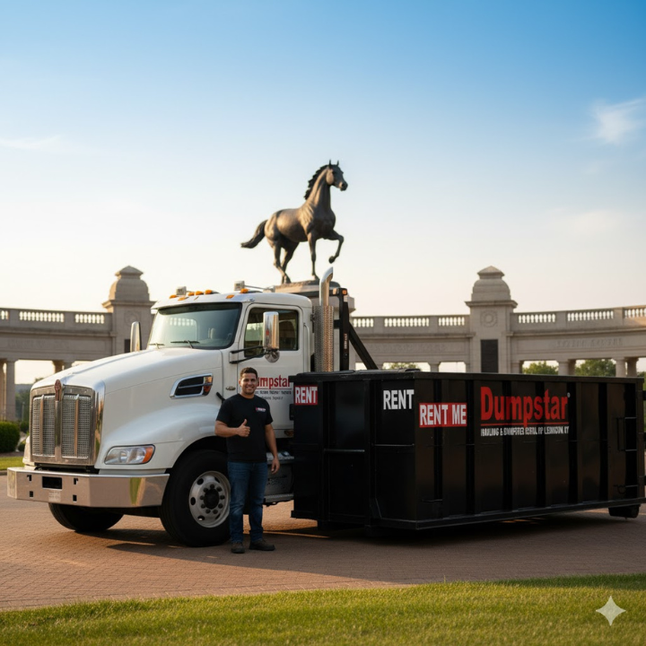 Friendly, approachable photo of a Dumpstar Hauling team member or branded truck in a recognizable Lexington location