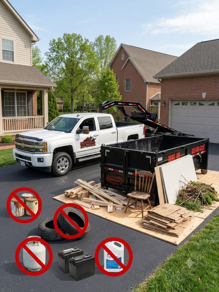 Prohibited items beside a Dumpstar Hauling rental dumpster in Lexington KY