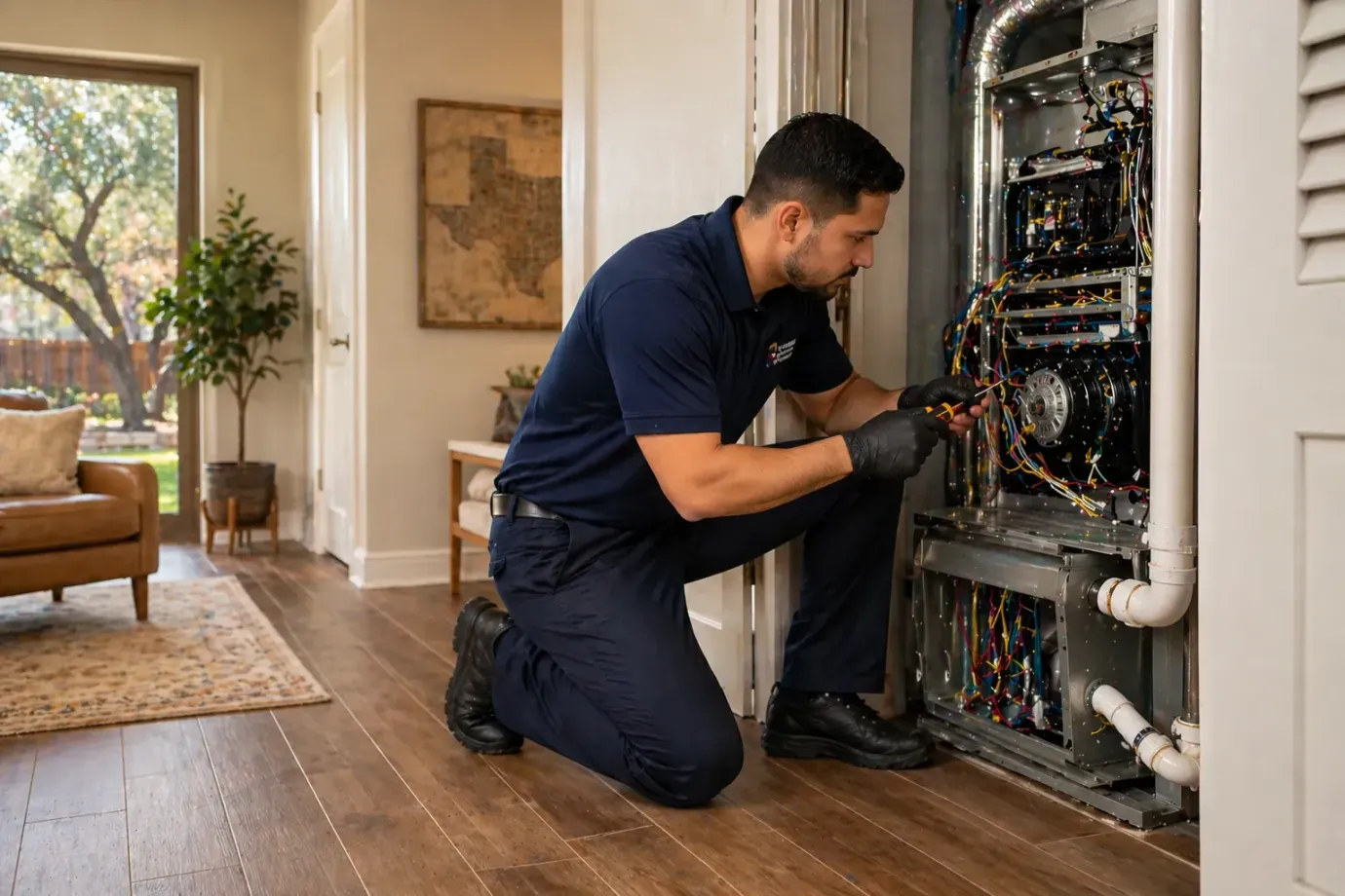 HVAC technician fixing furnace unit inside Bullhead City home