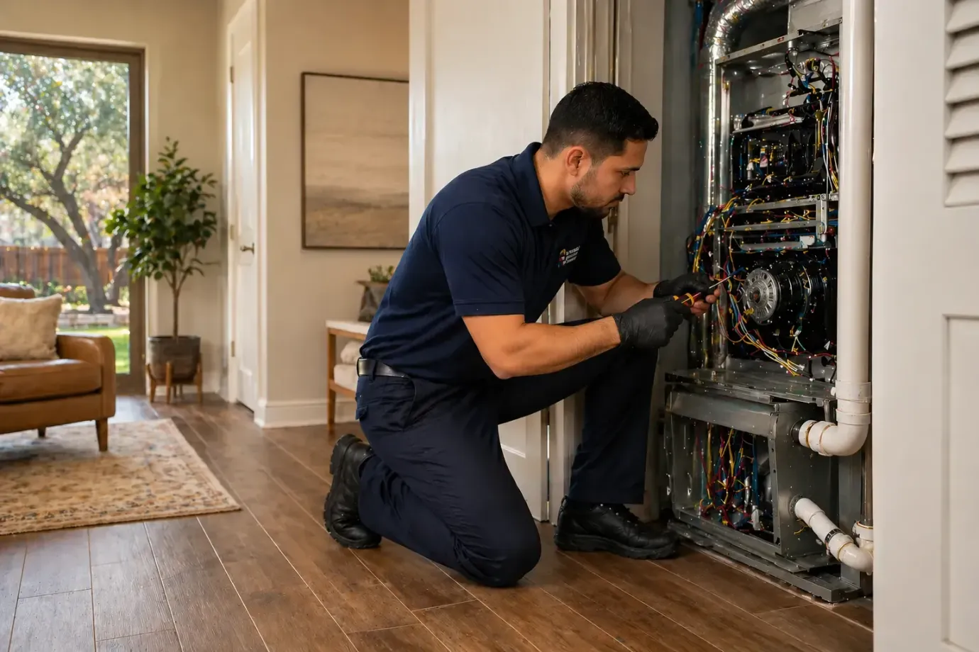 HVAC technician fixing furnace unit inside Bullhead City home