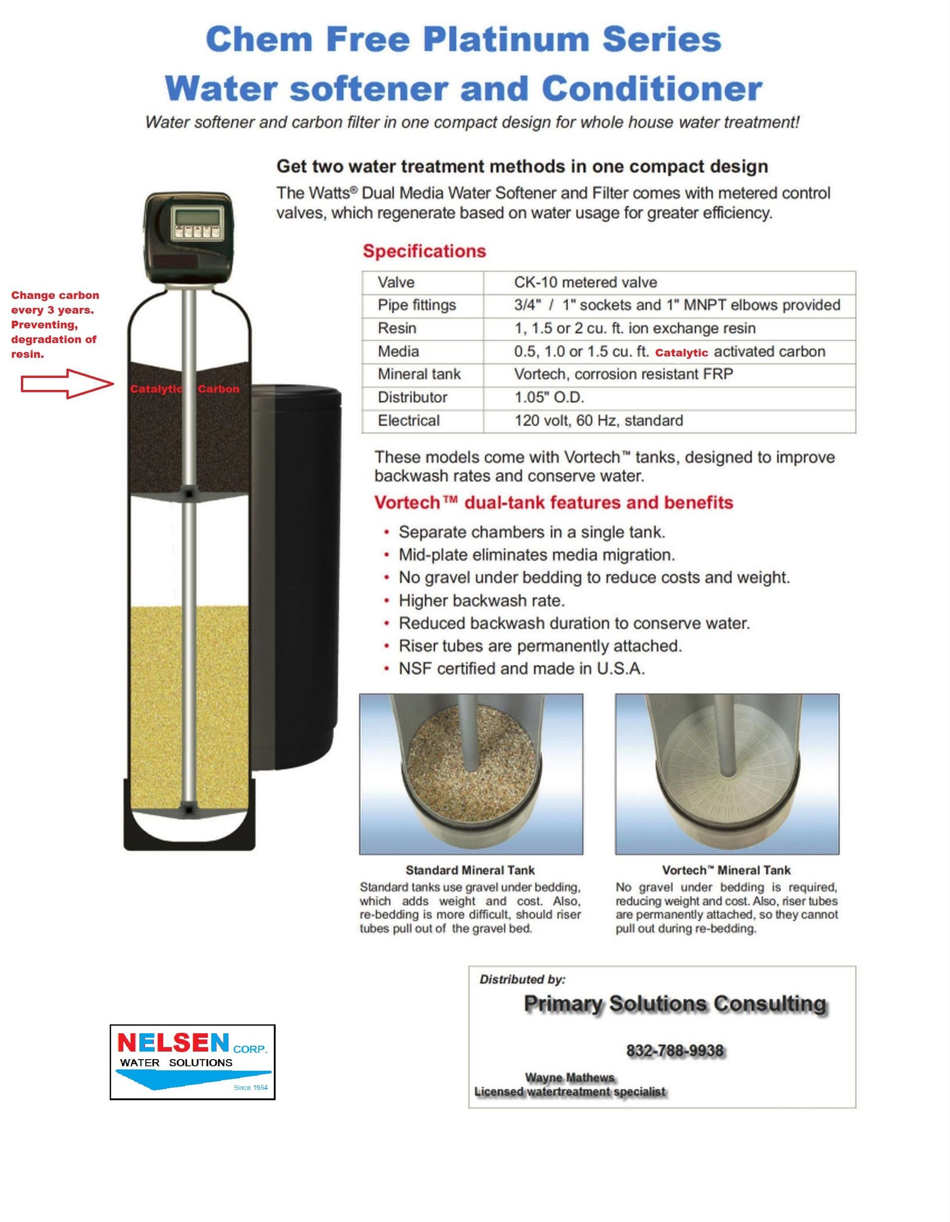 Chem Free Platinum Series water softener diagram with specifications and benefits.