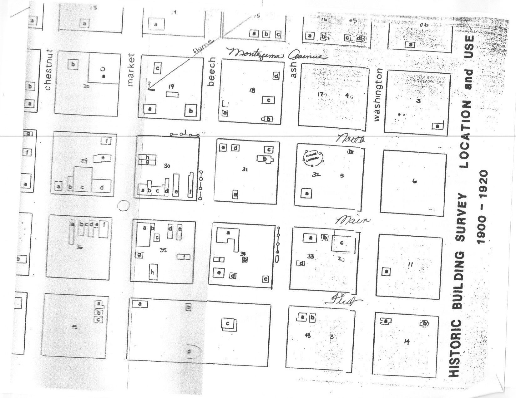 A black and white map of a historic building survey