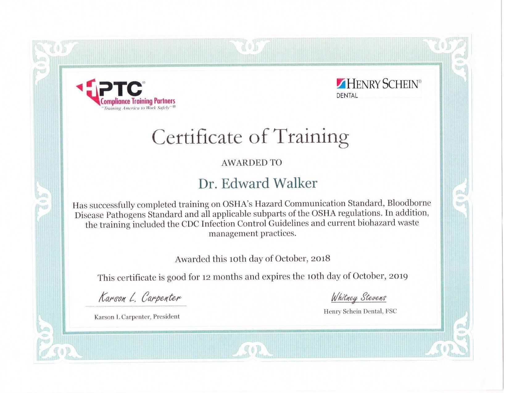A certificate of training awarded to dr. edward walker