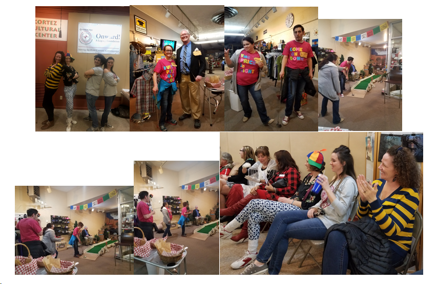 A collage of photos of people dancing and sitting in a room.