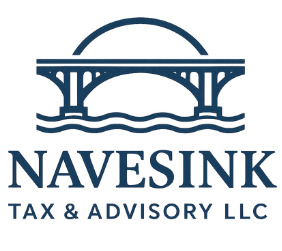 Logo for Navesink Tax & Advisory LLC: bridge over water, blue text.