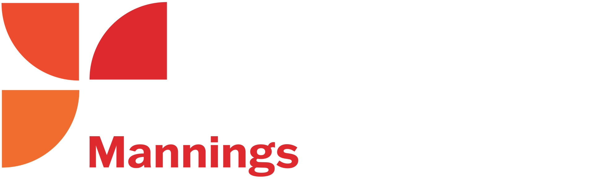 Logo de Mannings, représentant un carré composé de formes courbes orange et rouges, avec « Mannings » écrit en rouge.