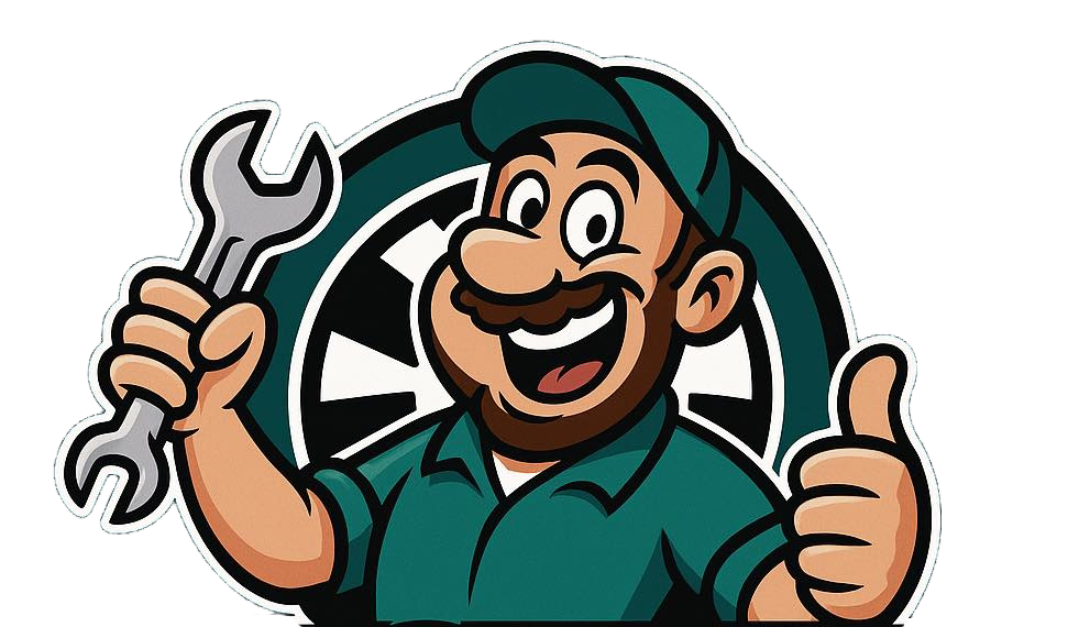 A cartoon mechanic is holding a wrench and giving a thumbs up.