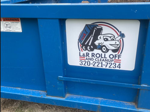Large dumpster with the company logo