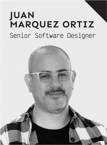 A black and white photo of a smiling man named Juan Ortiz, Staff Software Engineer.