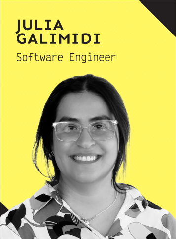A black and white photo of a smiling man named Julia Galimidi, Software Engineer.