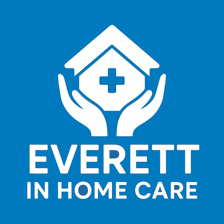 A blue logo for everett in home care