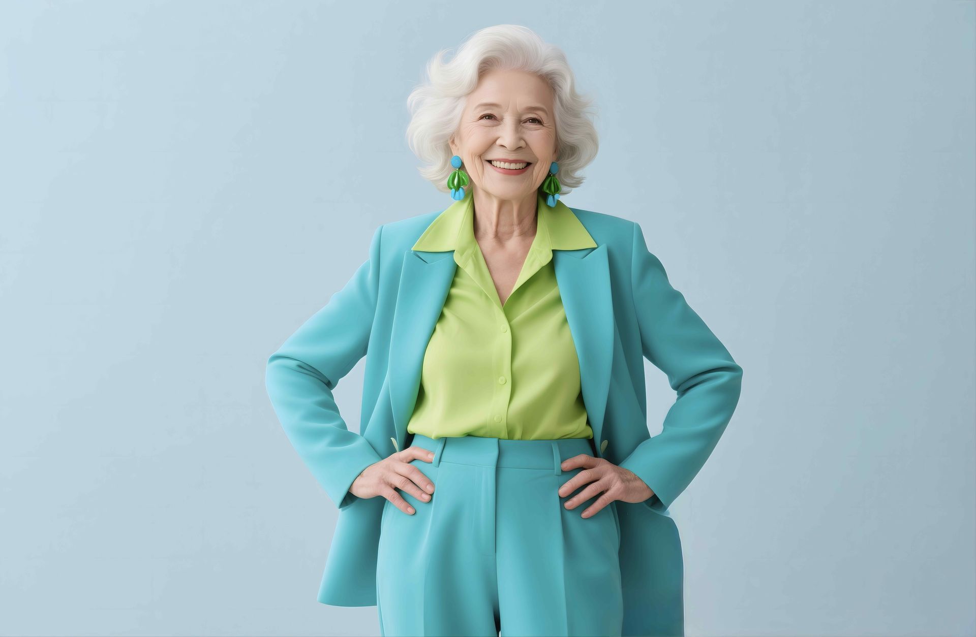 An elderly woman in a blue suit and green shirt is standing with her hands on her hips.