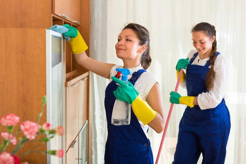 Two Women Are Cleaning a Refrigerator in A Living Room — Haydyn's Cleaning In Urraween, QLD