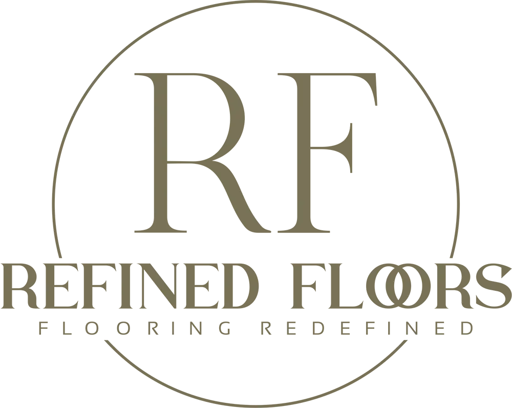 Logo for "Refined Floors" featuring the letters RF in a circle over the brand name and the slogan "Flooring Redefined."
