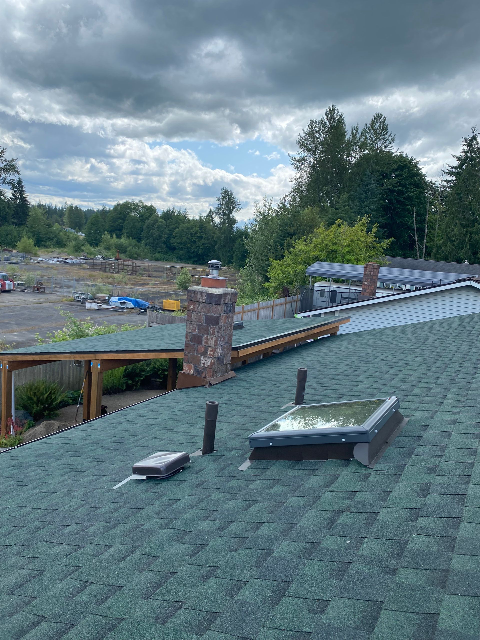 Green shingle roof with chimney, skylight, and vents, set against a cloudy sky and trees.