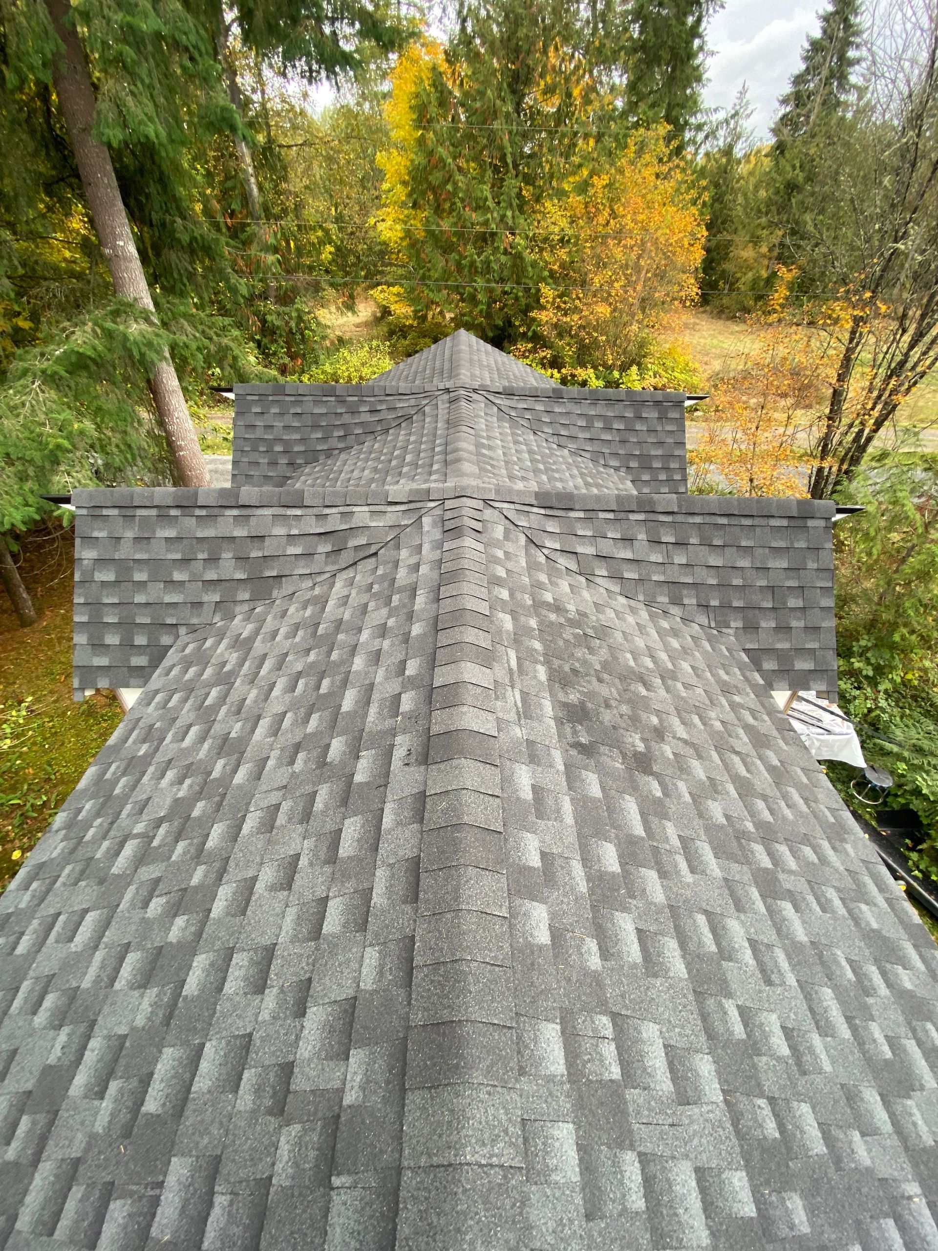 Gray asphalt shingle roof, aerial view. Trees with fall foliage in background.