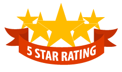 A 5 star rating sign with three stars and a red ribbon