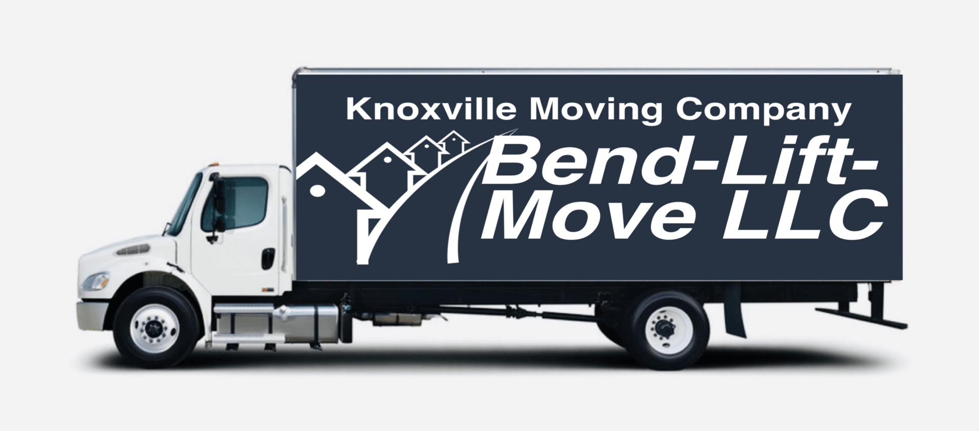 A white truck with a blue sign that says knoxville moving company bend-lift move llc