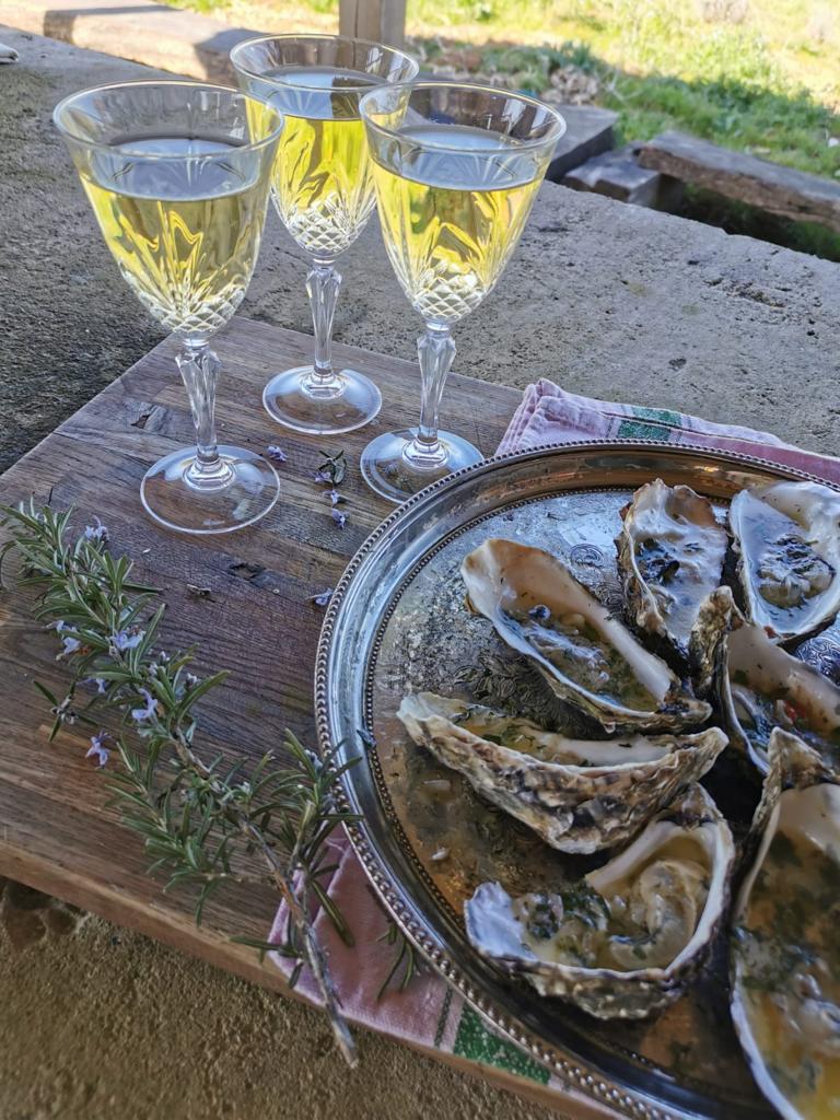 Oysters and wine before main course