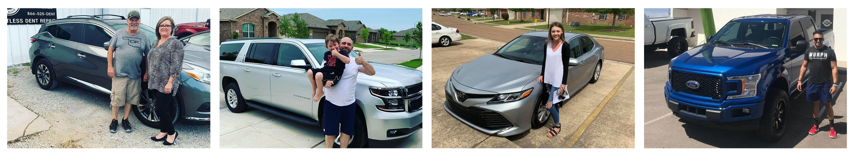 A collage of four pictures of people standing next to cars.