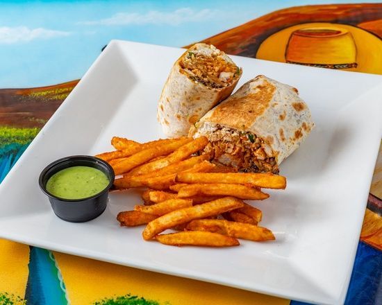 A white plate topped with a burrito and french fries