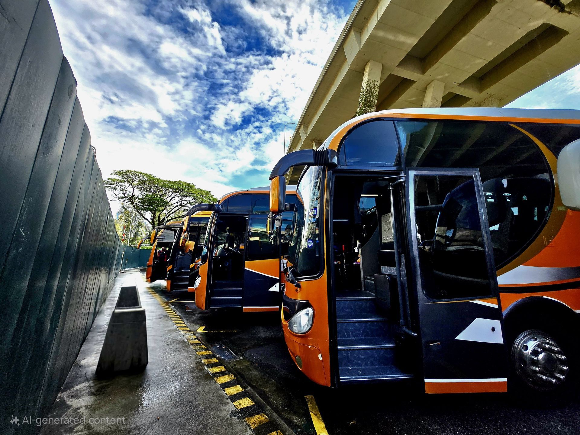 Orange buses parked under a bridge with open doors, cloudy sky.