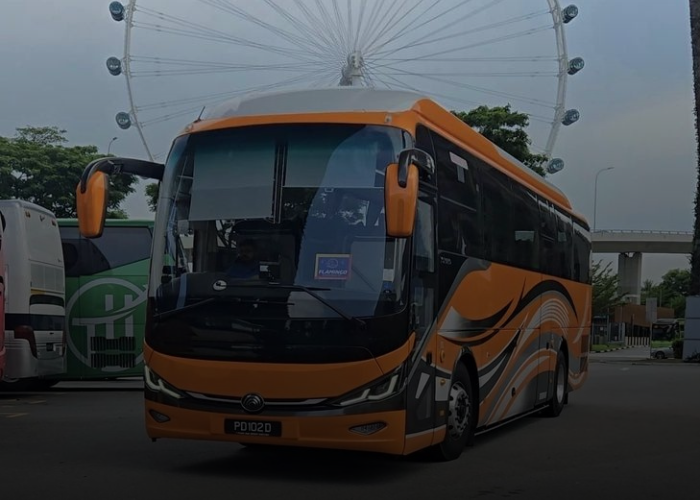 Orange and black tour bus parked in front of a Ferris wheel.