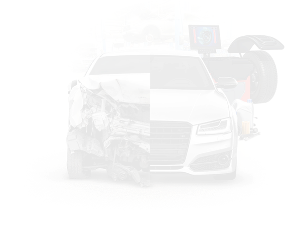 Car damaged on left, repaired on right, with wheel alignment equipment. | Karch Auto