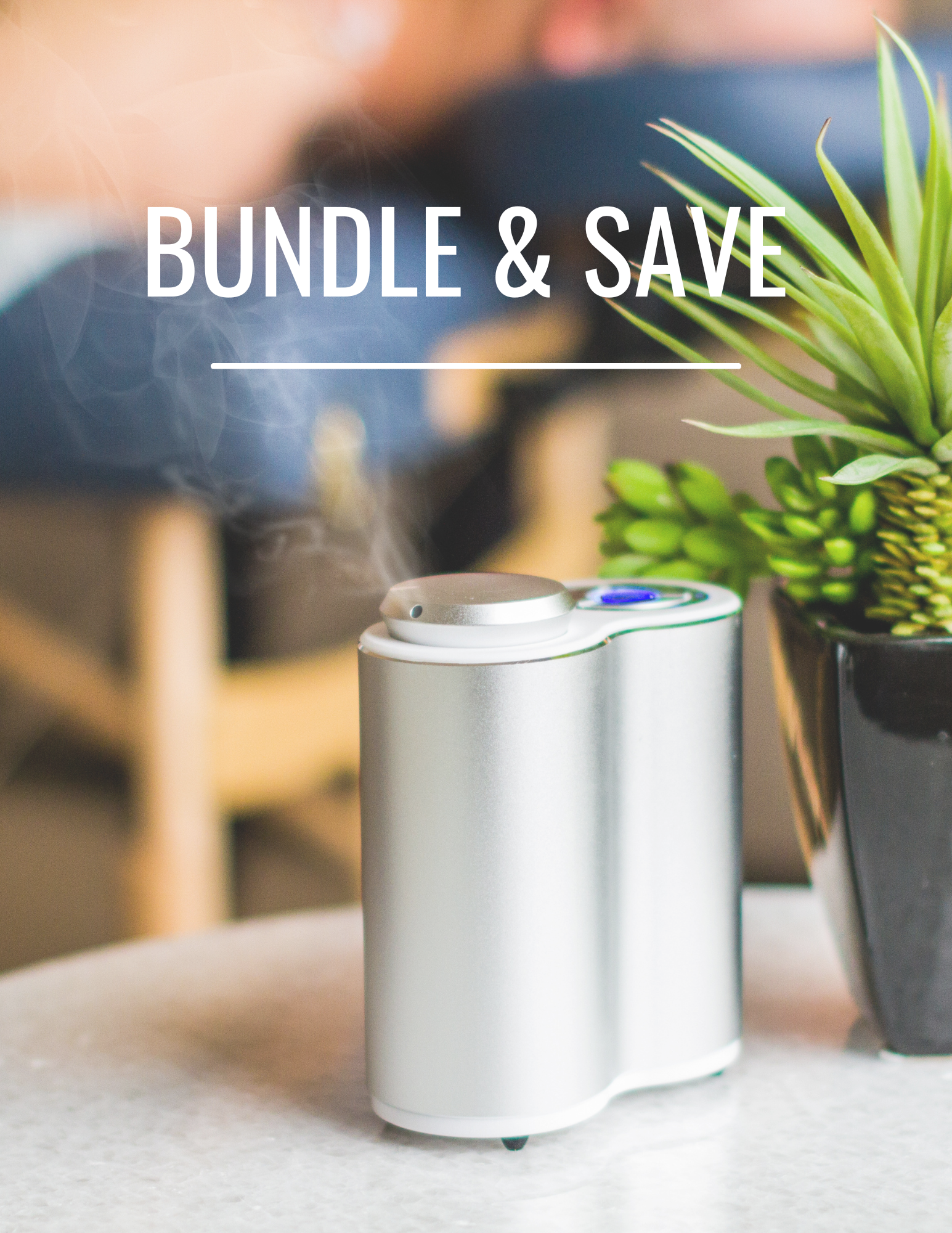 A bundle and save advertisement with a plant on a table