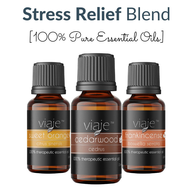 Three bottles of stress relief blend 100 % pure essential oils.